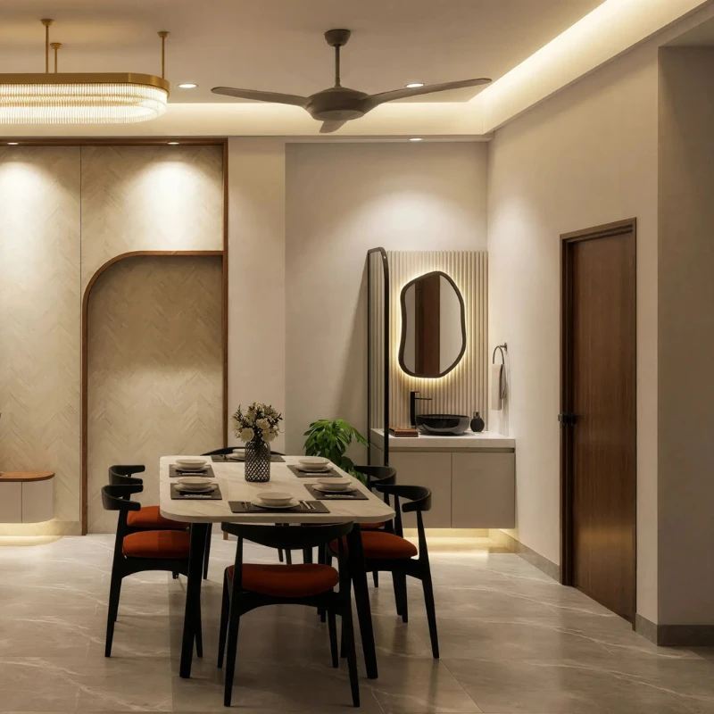 Dining area with upholstered chairs and recessed lighting