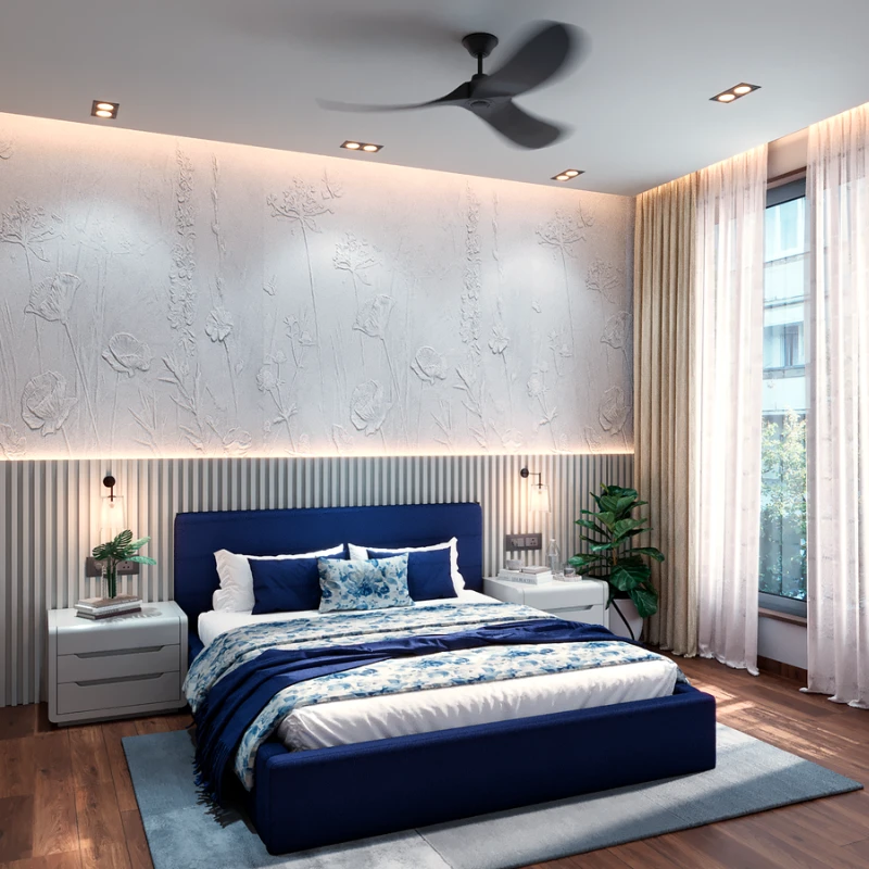 Bedroom with a blue upholstered bed and illuminated wall panels