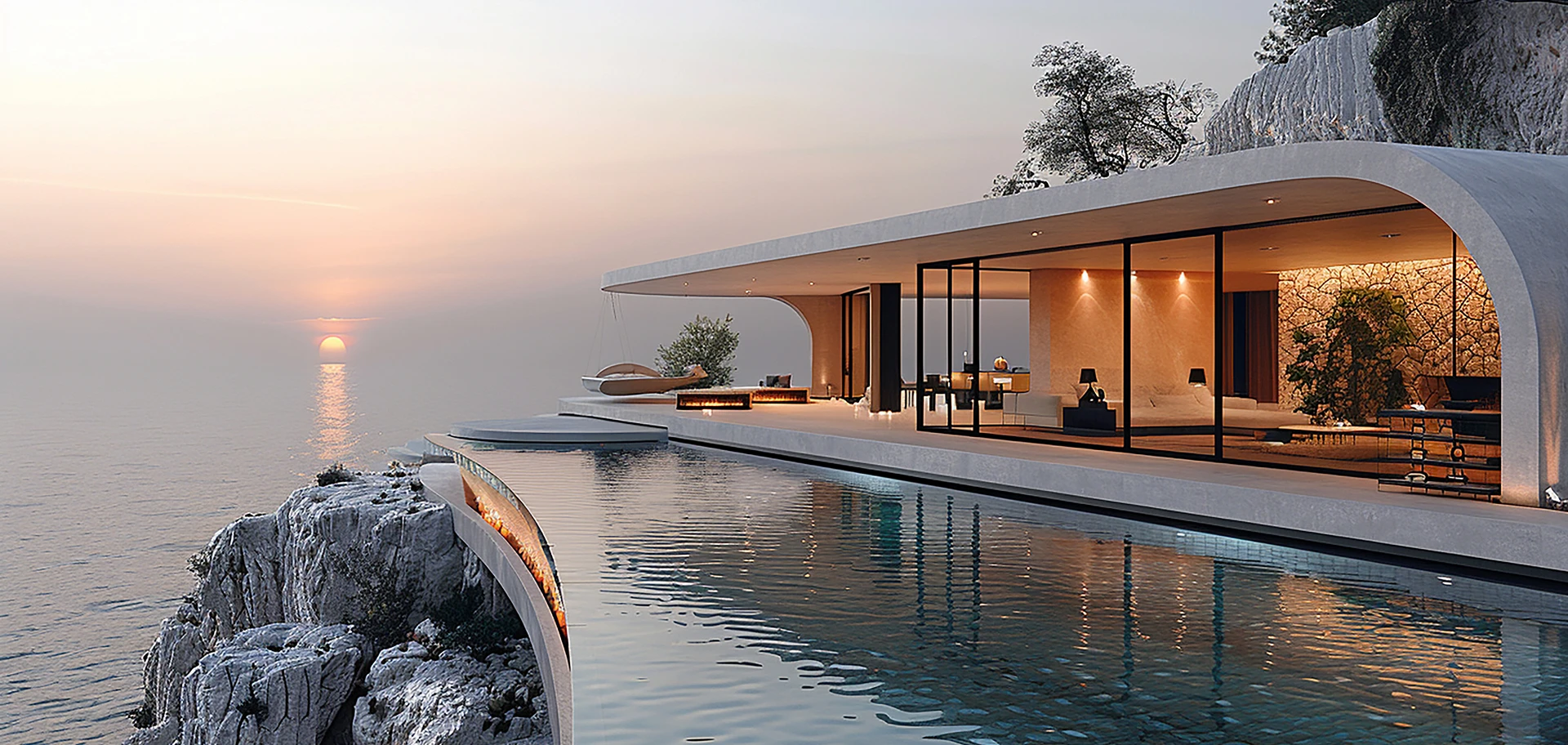 Coastal house and infinity pool at sunset, commercial interior design in Raipur