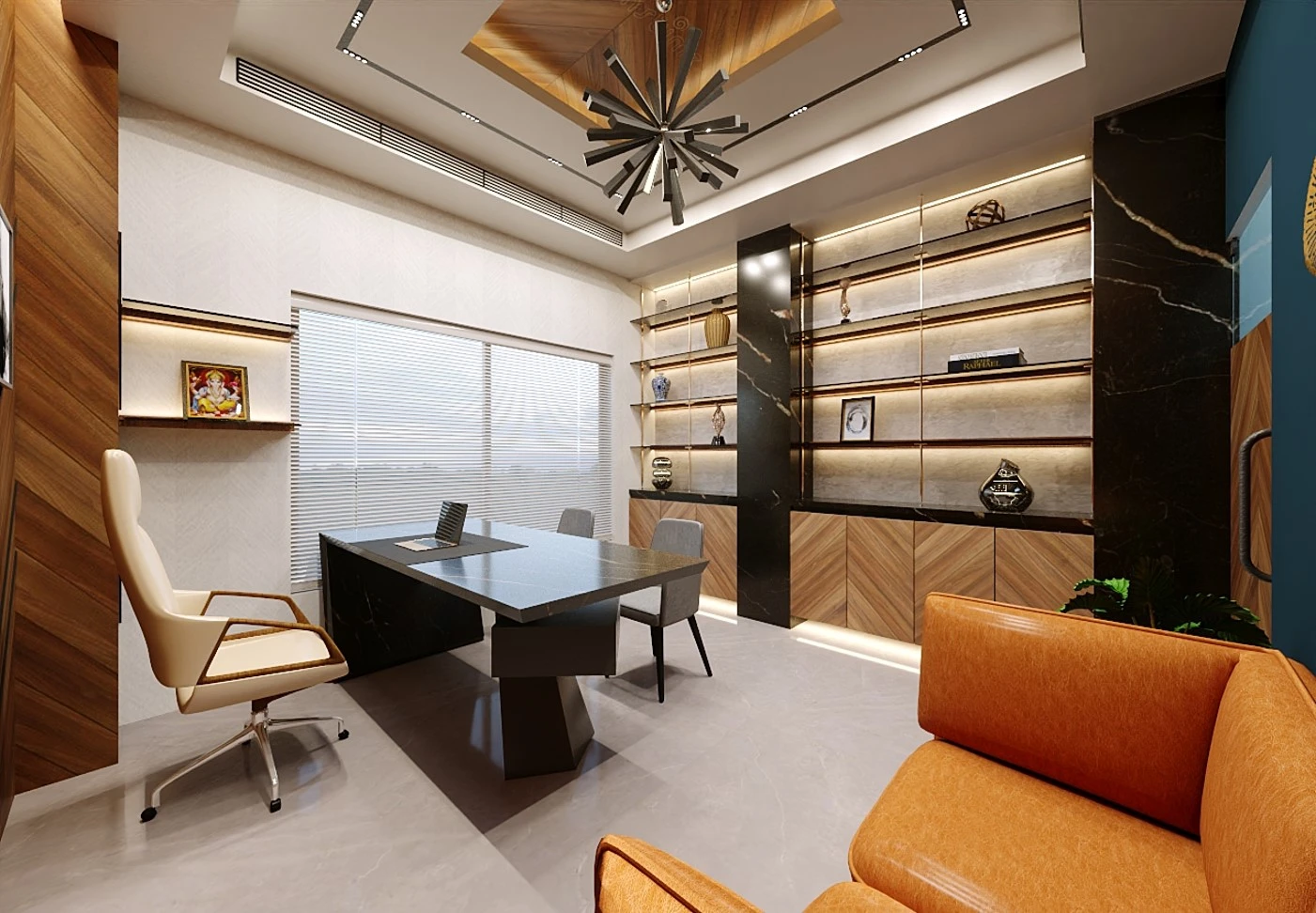 Office cabin with a desk and illuminated display shelving, Mustardd Spaces interior design portfolio