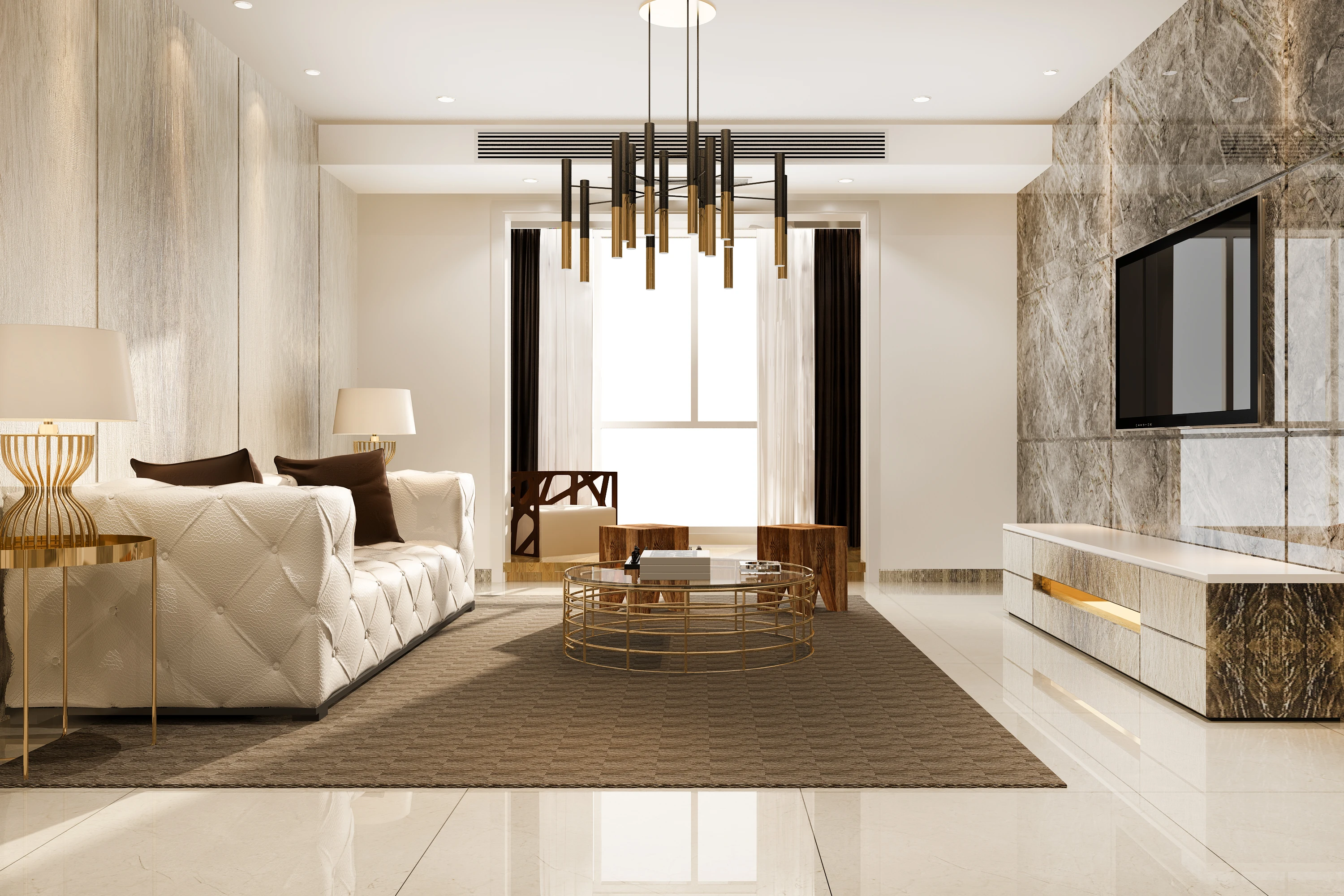 Living room interior with a cream sofa and pendant lighting, interior design consultation in Bhilai and Raipur