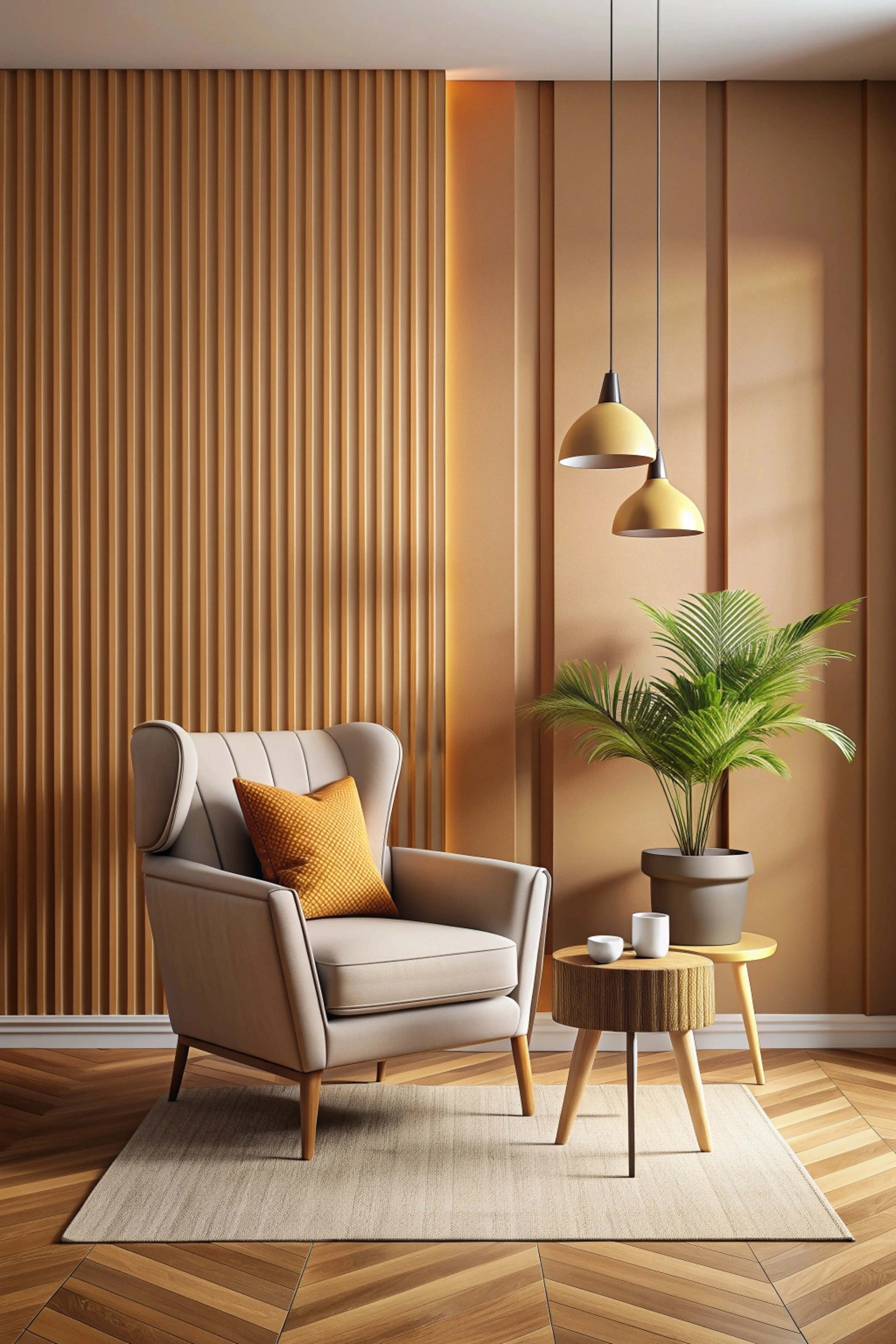 Armchair and side table beside a timber-paneled wall, interior design consultation in Bhilai and Raipur
