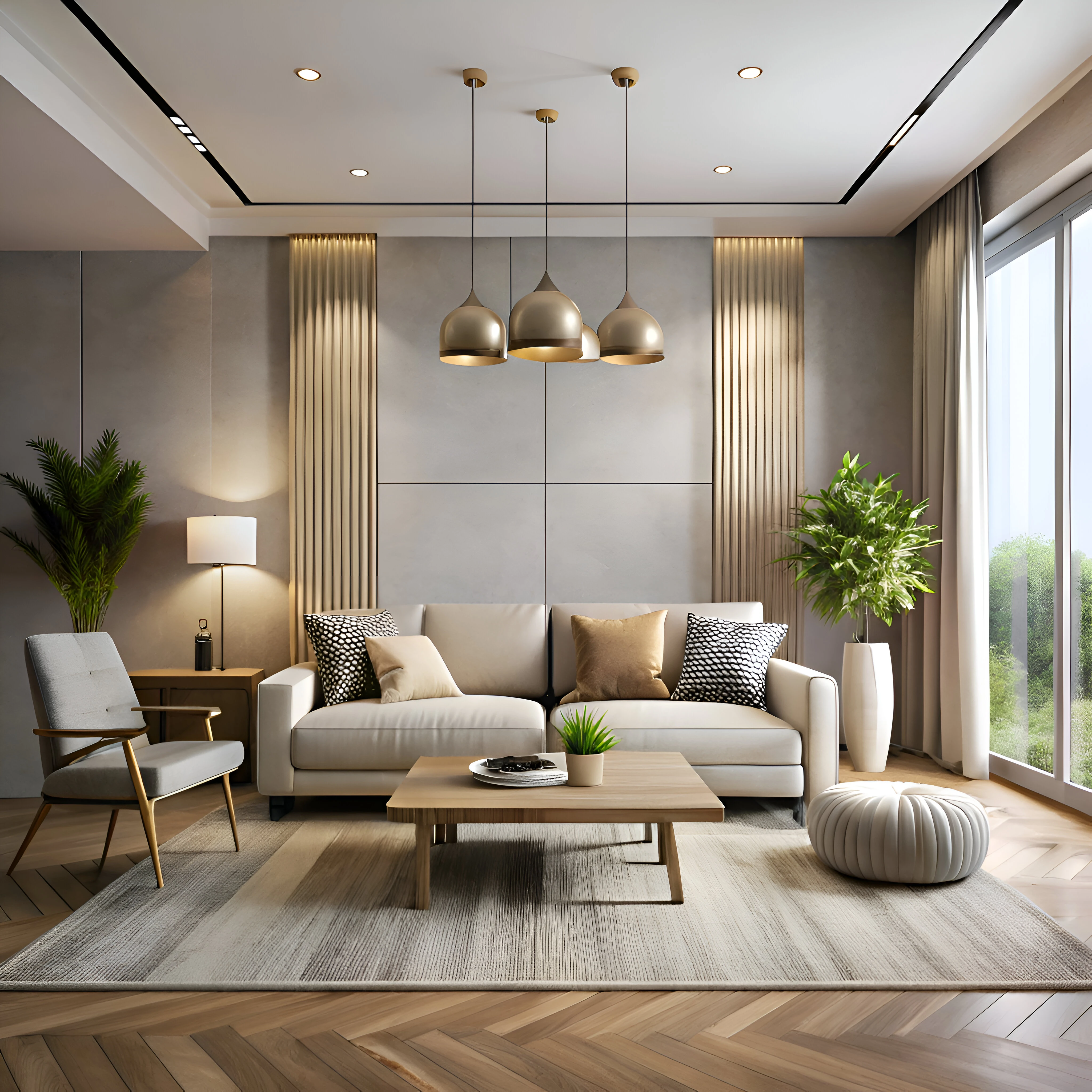 Contemporary living room with a neutral sofa and ceiling lighting, turnkey interior design in Bhilai and Raipur