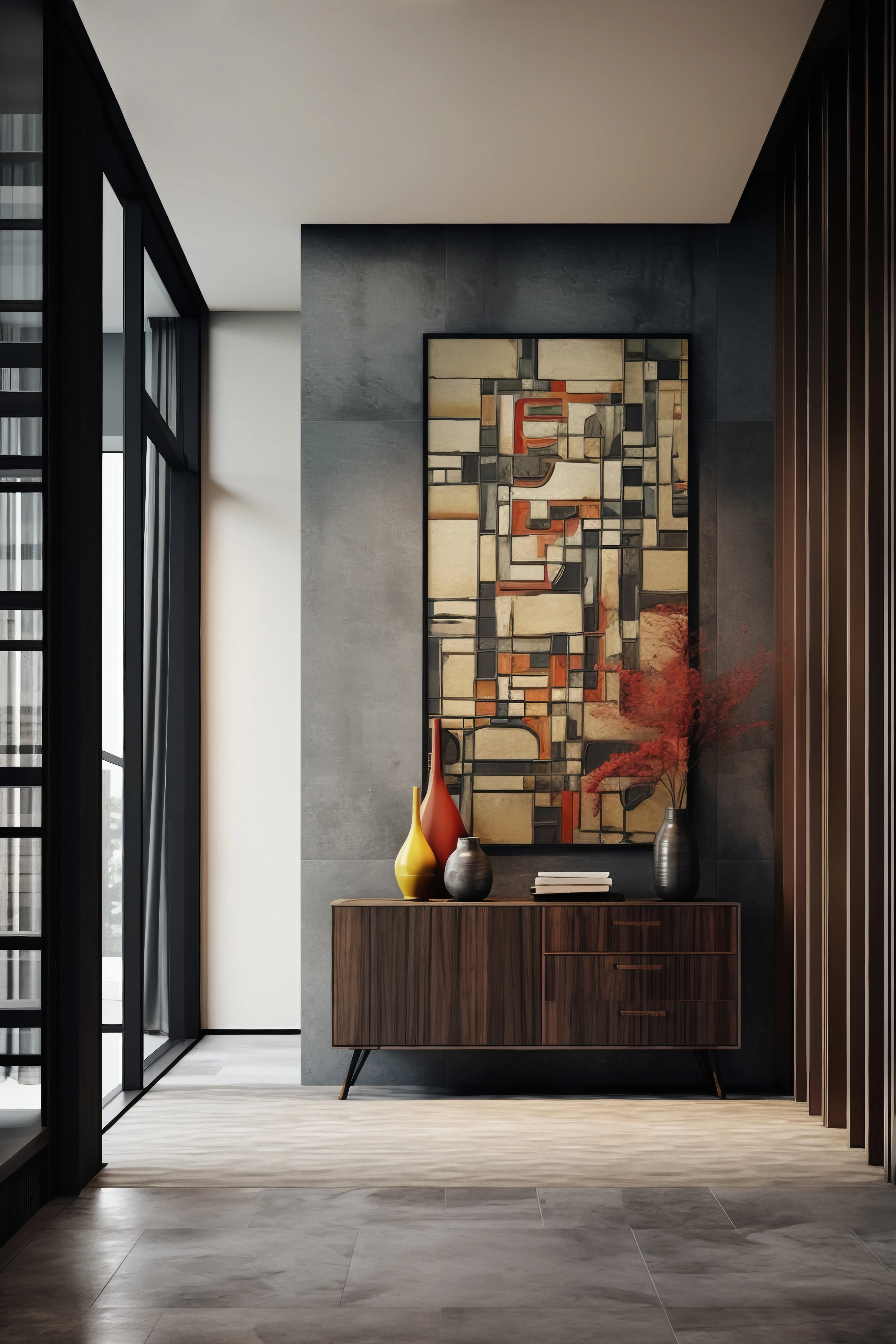 Narrow entrance hall with wall art and a timber console, interior design consultation in Bhilai and Raipur