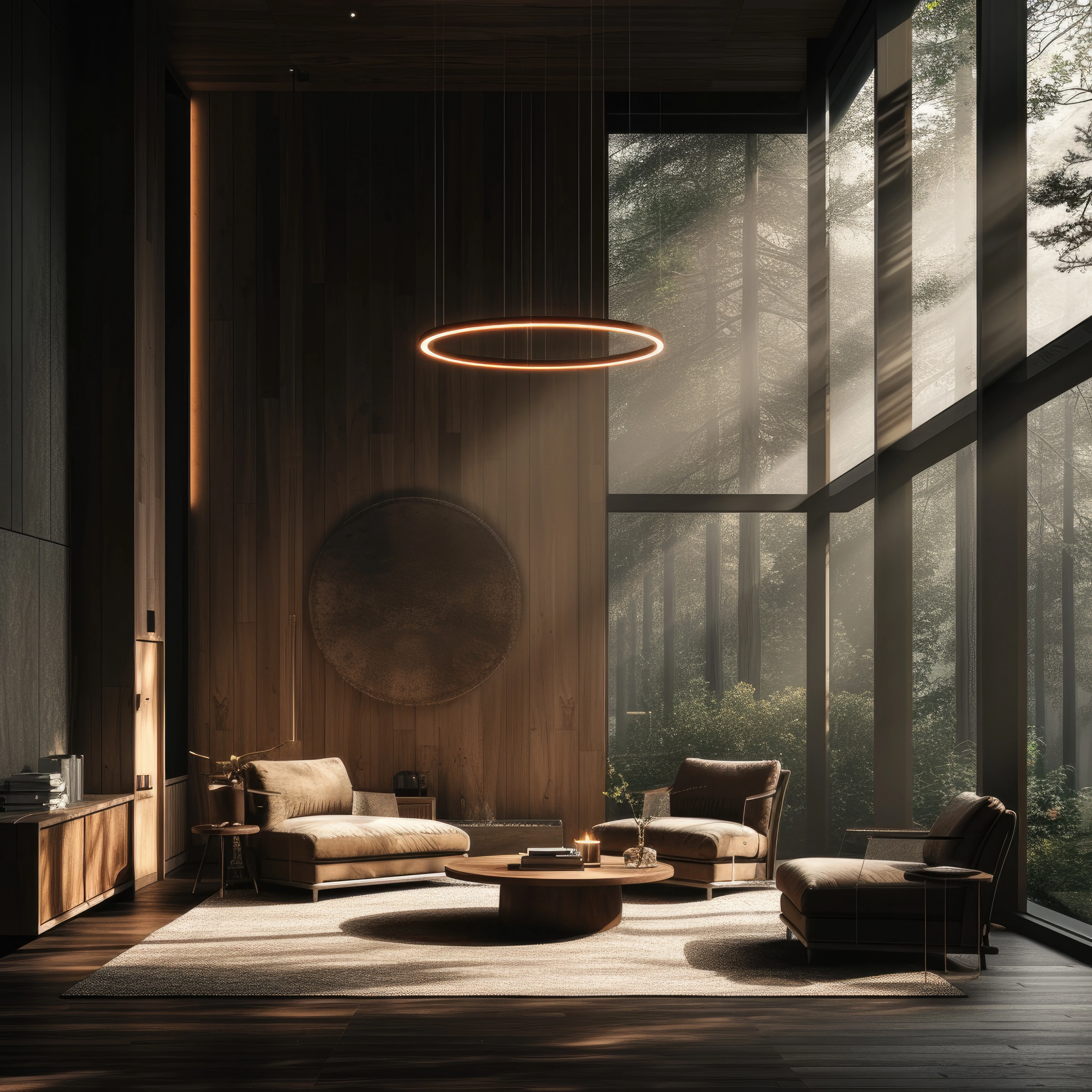 Double-height living room with timber panels and a circular pendant light, interior design consultation in Bhilai and Raipur