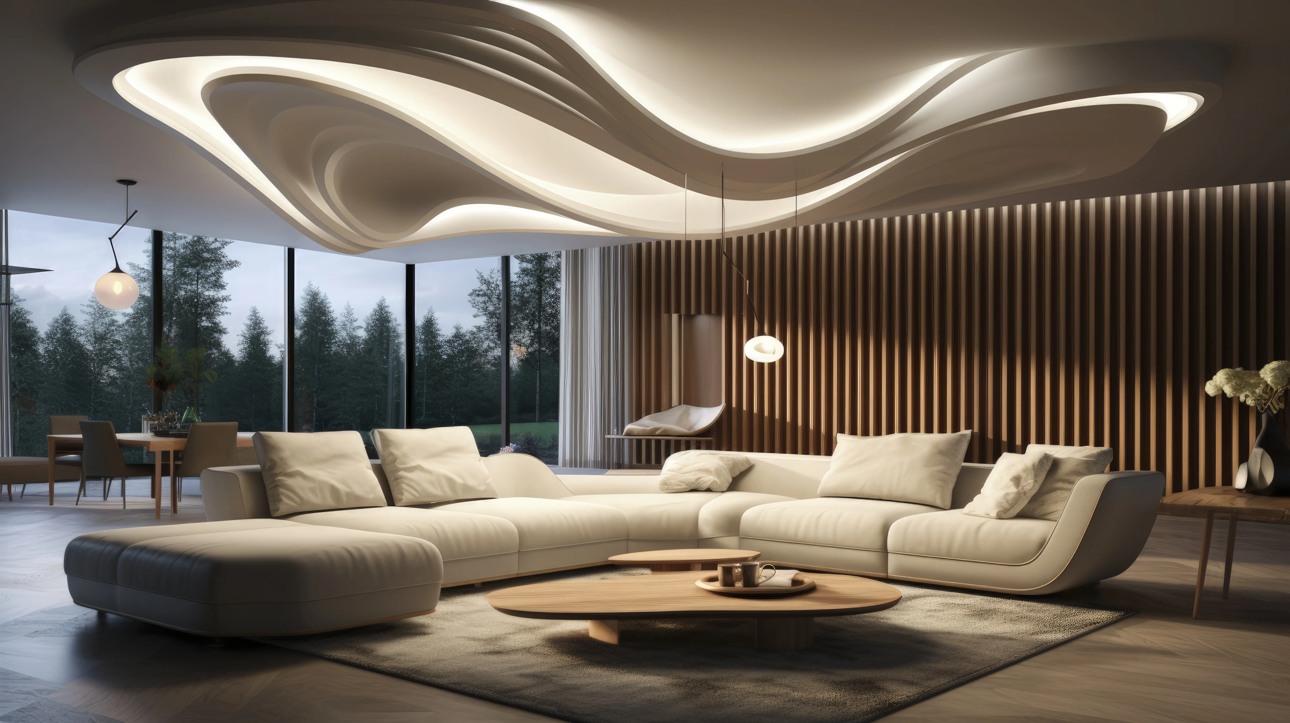 Living room with curved seating and sculptural ceiling lighting, interior design consultation in Bhilai and Raipur