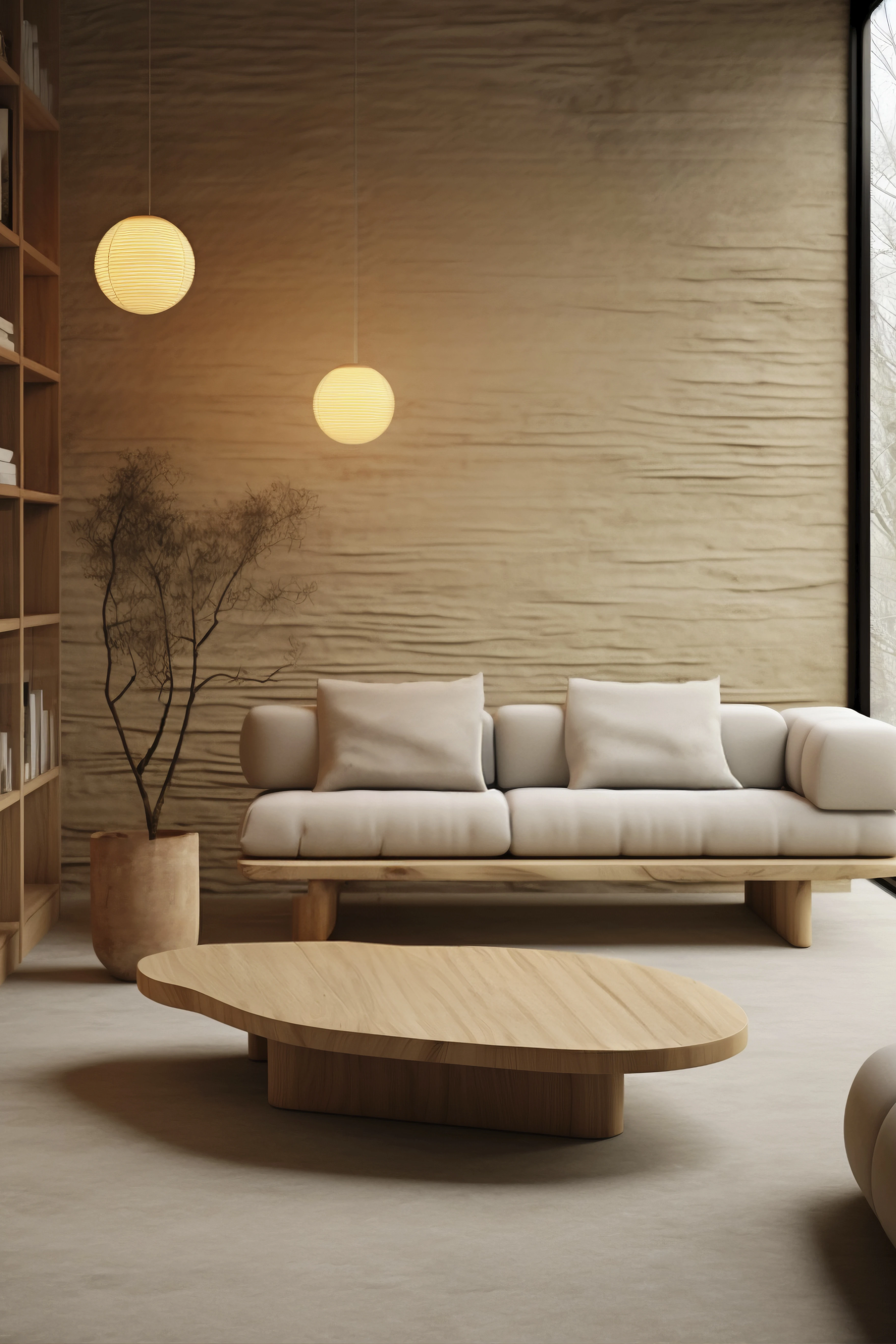 Minimalist living room with a low round table and pendant lights, turnkey interior design in Bhilai and Raipur