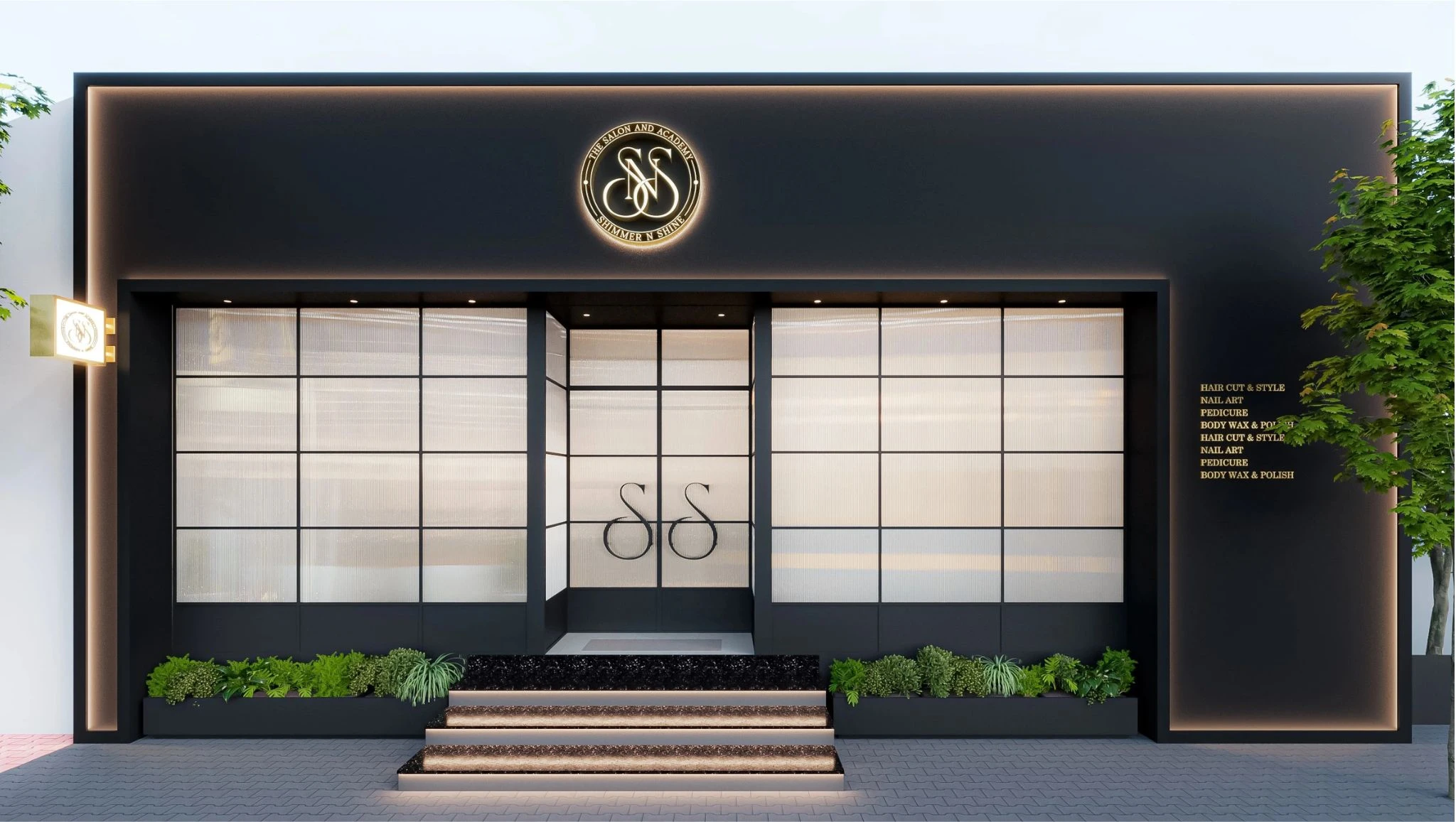 Salon exterior with dark fascia and glazed entrance, interior design studio in Bhilai and Raipur