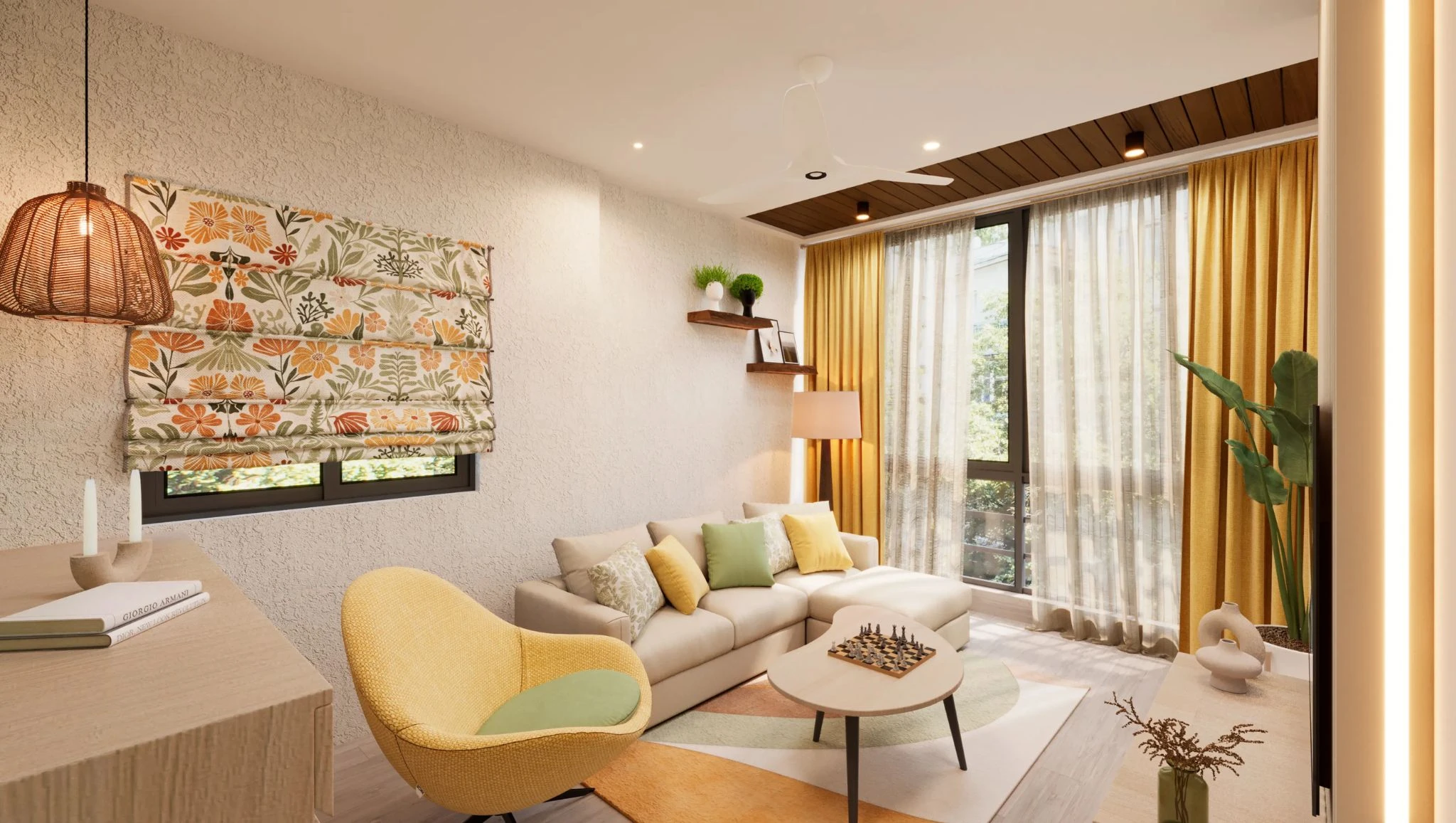 Living room with a yellow armchair and patterned wall hanging, interior design studio in Bhilai and Raipur