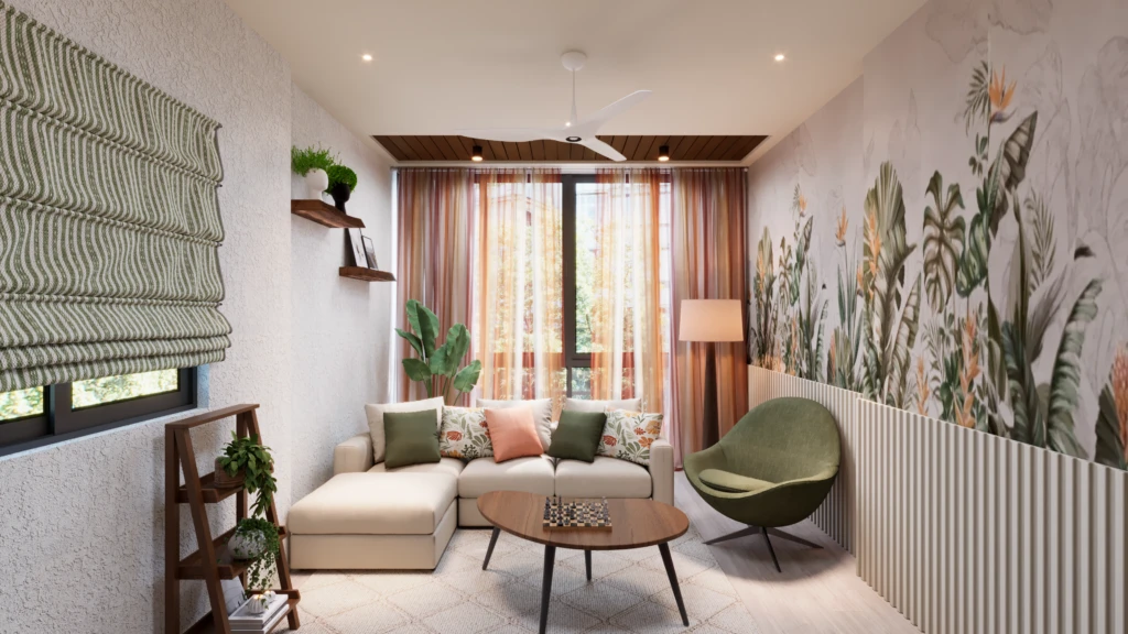 Lounge with botanical wallpaper and a green armchair, interior design studio in Bhilai and Raipur