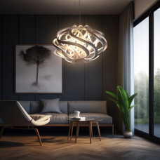 Dark living room with a sculptural chandelier and lounge chairs, interior design studio in Bhilai and Raipur