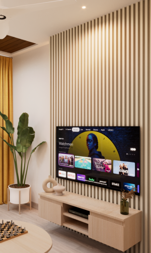Television cabinet with a slatted timber backdrop, interior design studio in Bhilai and Raipur
