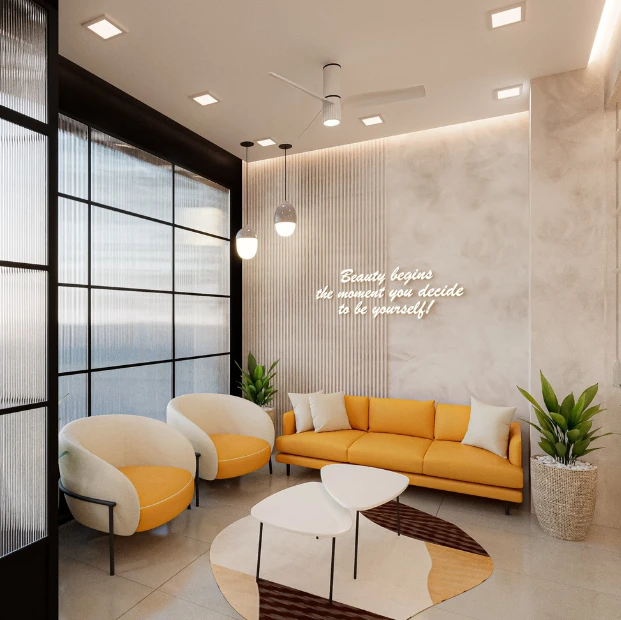 Salon waiting area with a curved yellow sofa, interior design studio in Bhilai and Raipur