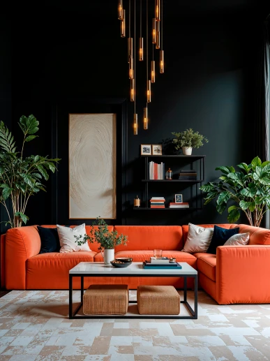 Orange sectional sofa and a coffee table in a dark living room, interior design studio in Bhilai and Raipur