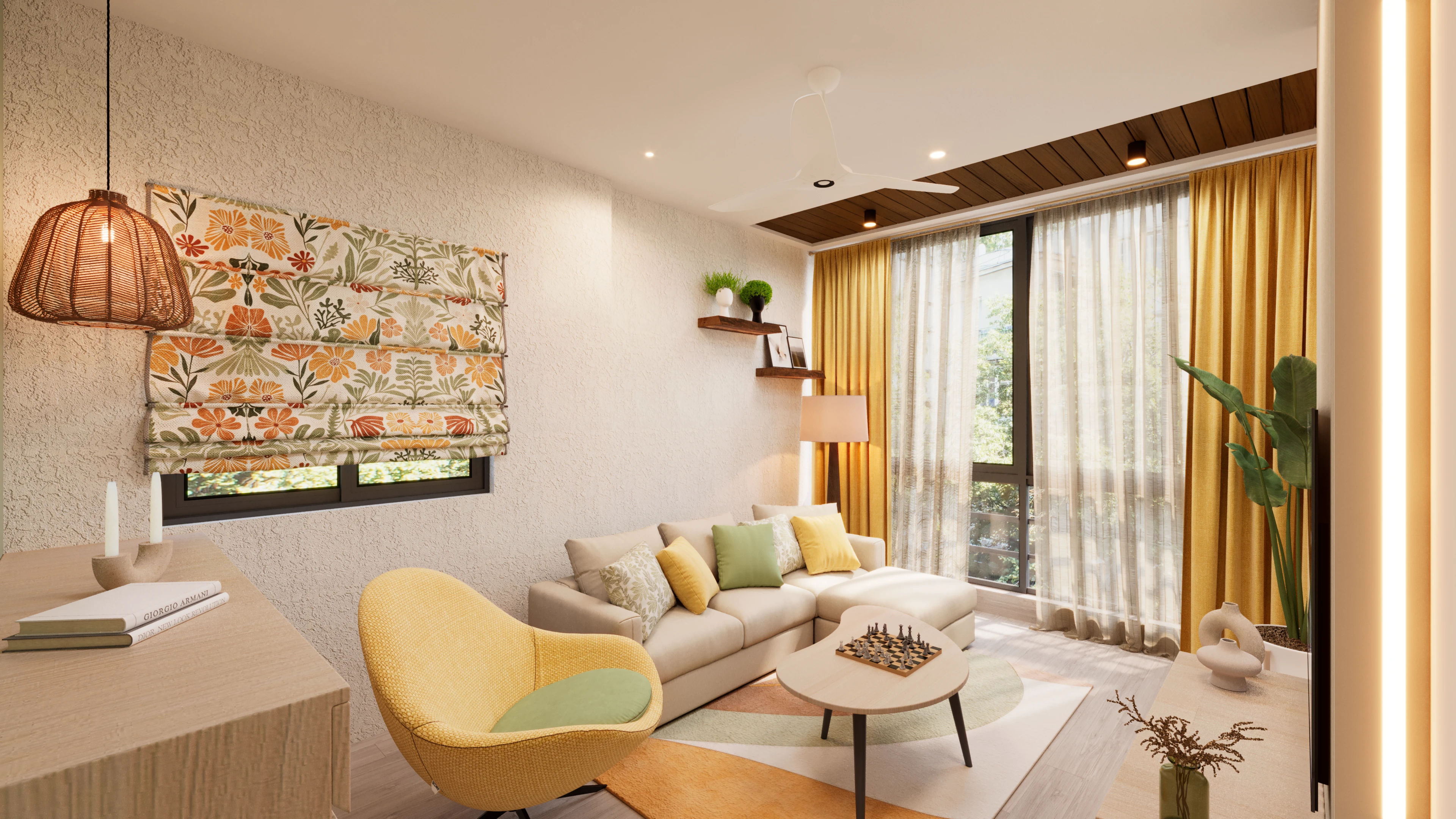 Living room with a yellow armchair and patterned wall hanging, Iris 47 turnkey residential interior design in Bhilai by Mustardd Spaces