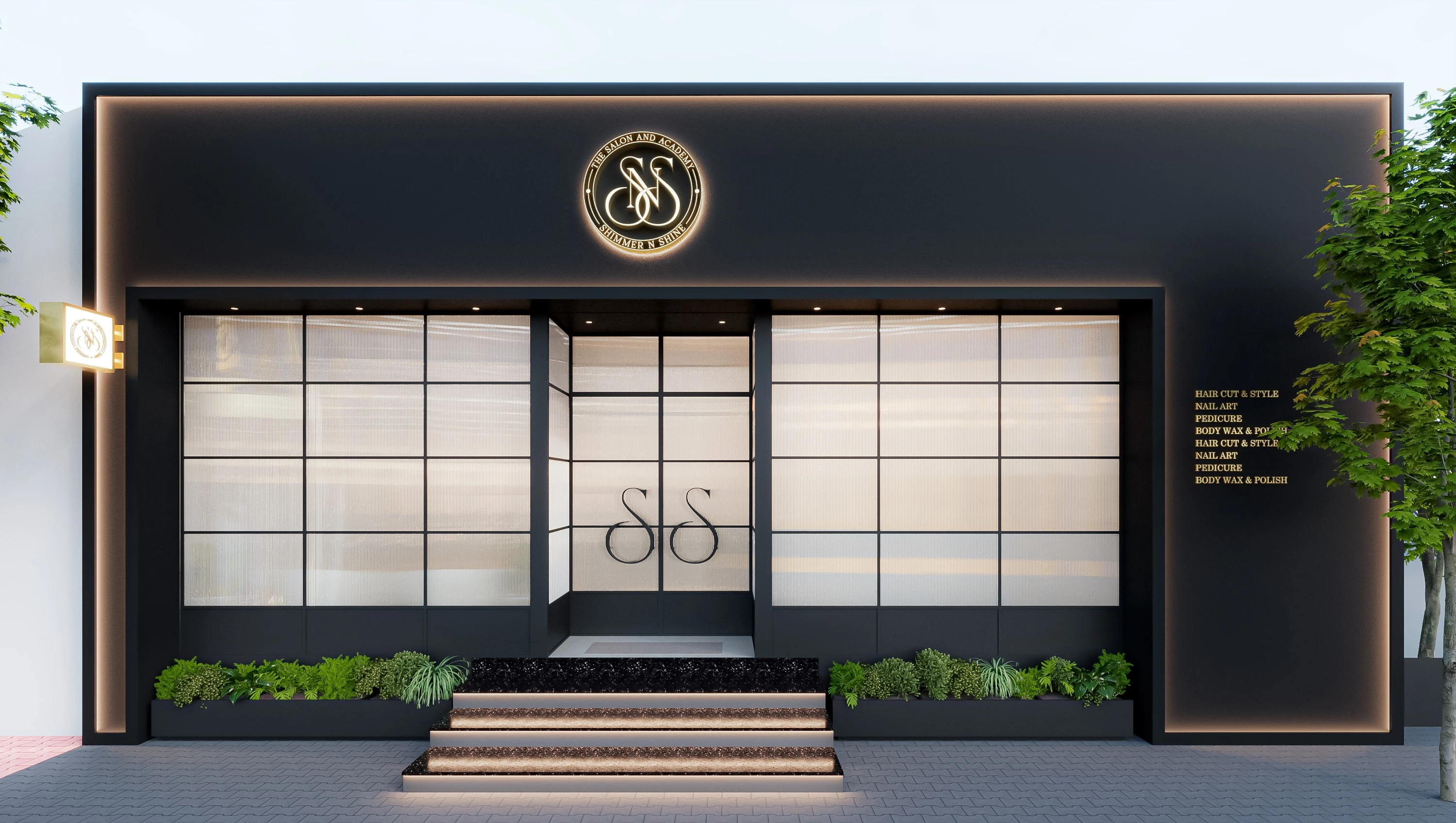Salon exterior with dark fascia and glazed entrance, The salon commercial interior design in Bhilai by Mustardd Spaces