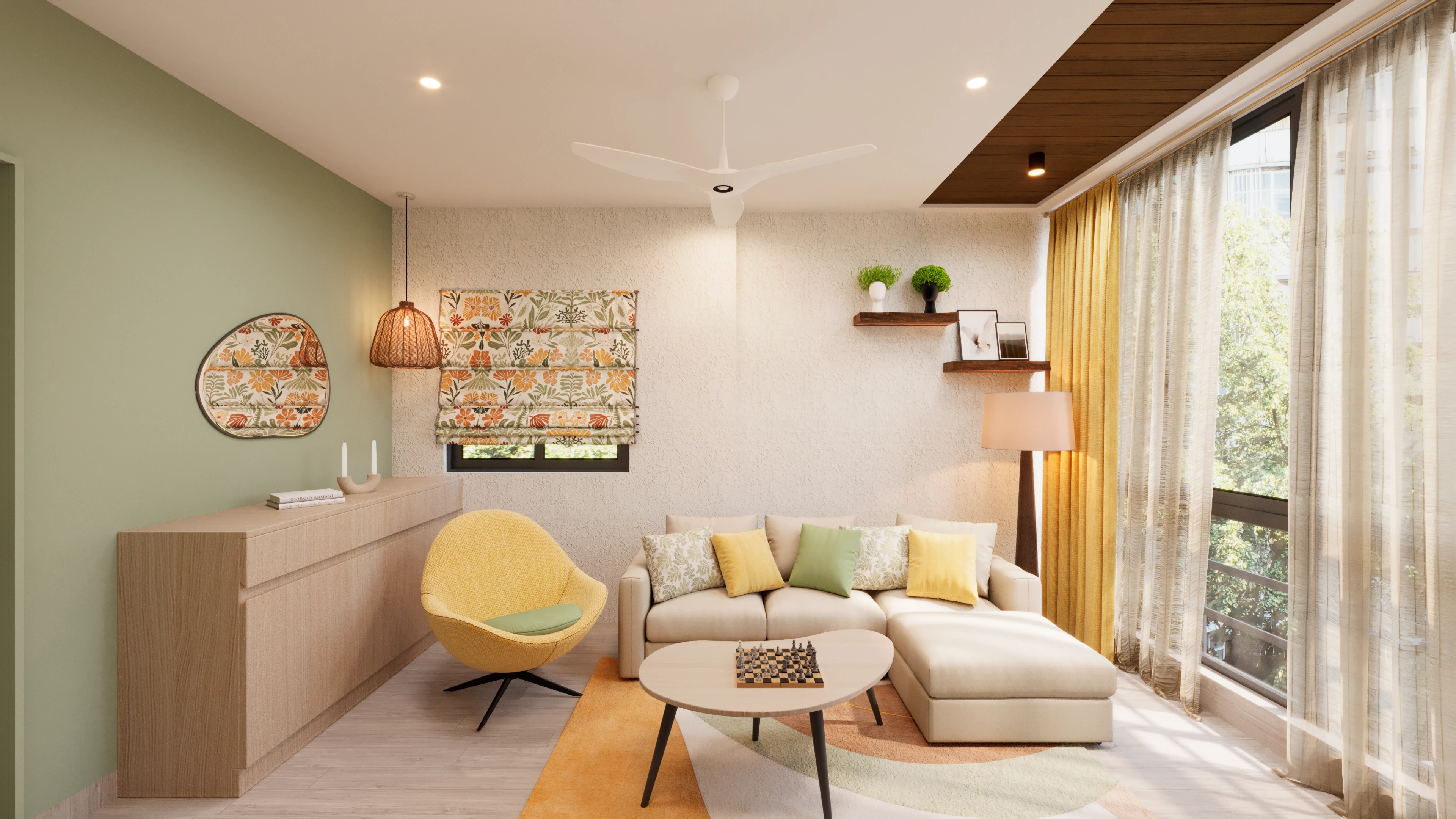 Living room with a cream sofa, yellow armchair and framed artwork, Iris 47 turnkey residential interior design in Bhilai by Mustardd Spaces