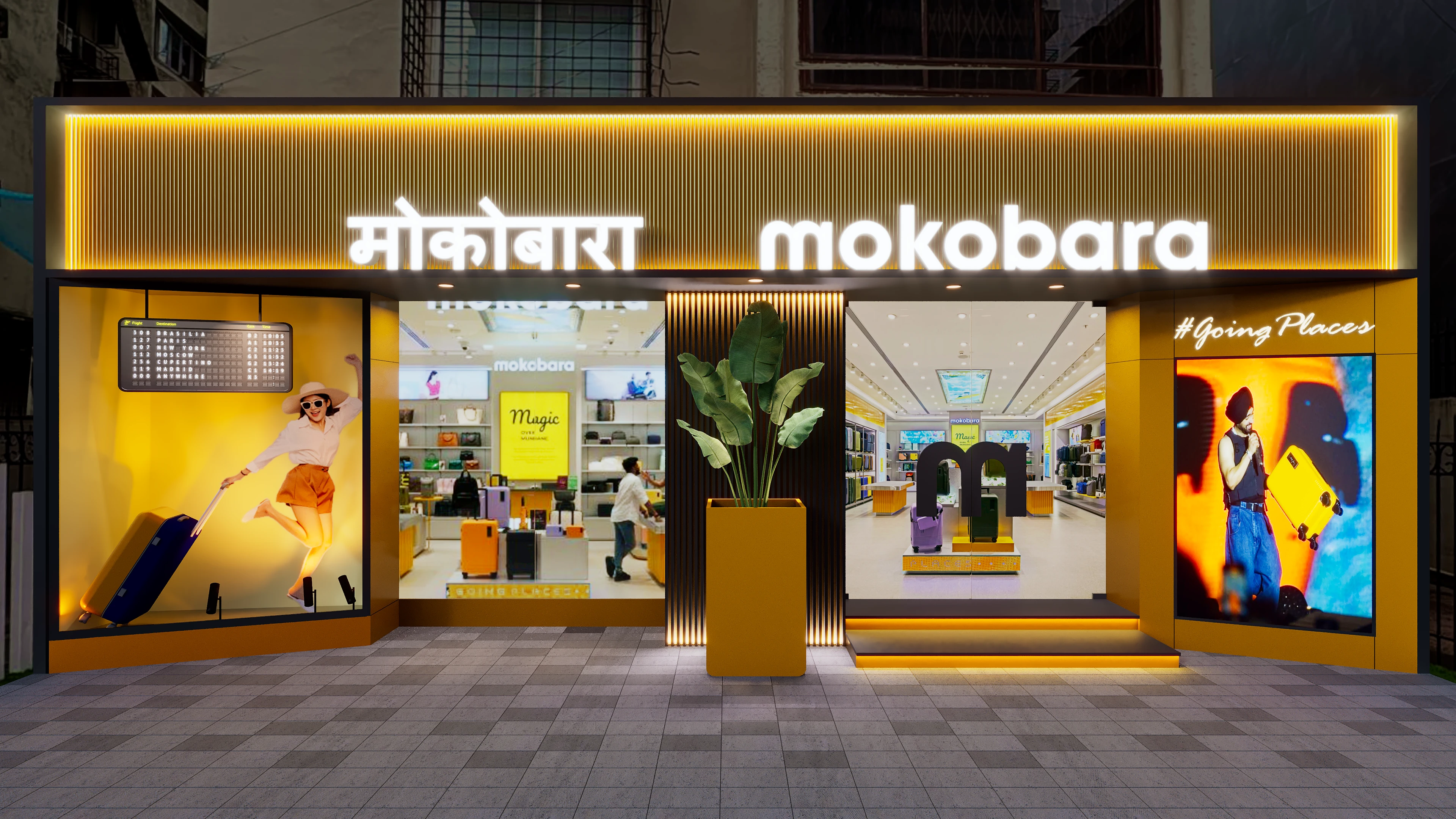 Luggage storefront concept with illuminated signs and window displays, Mokobara retail interior design project in Mumbai by Mustardd Spaces