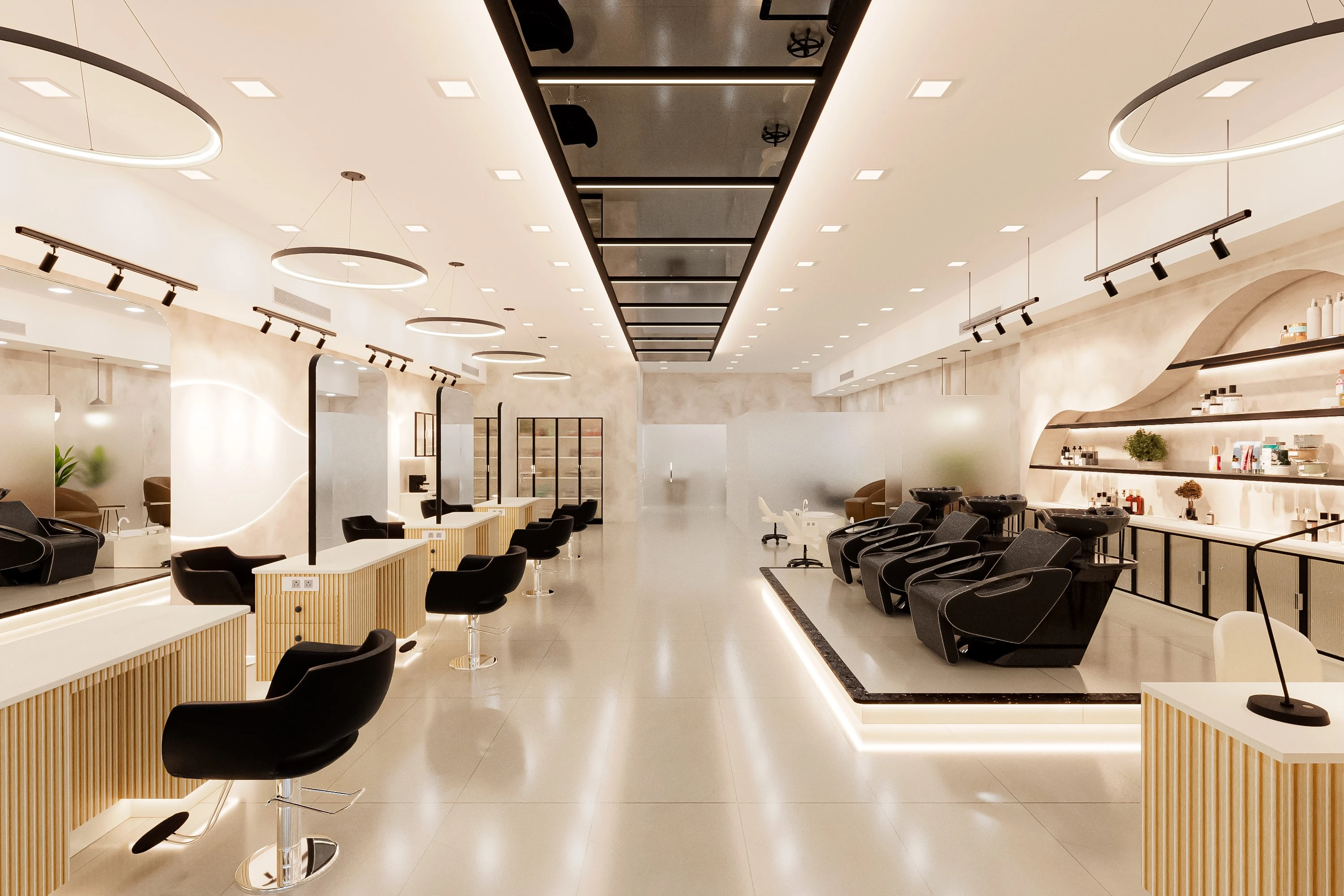 Salon interior with styling chairs and recessed ceiling lighting, The salon commercial interior design in Bhilai by Mustardd Spaces