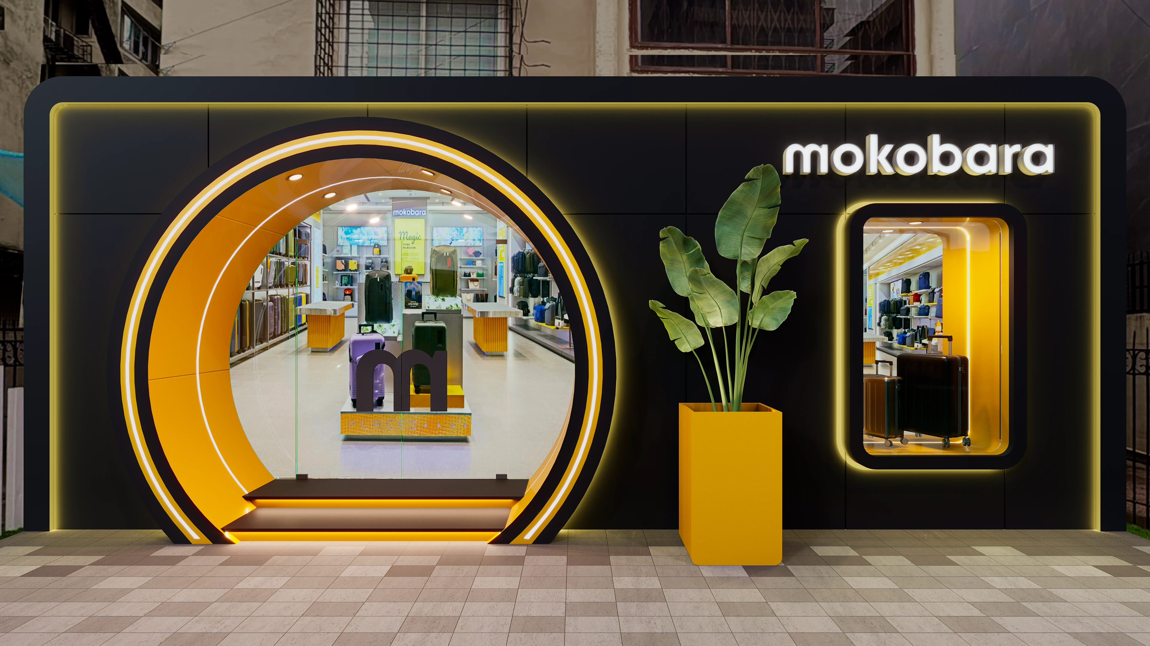 Luggage storefront concept with a circular yellow entrance feature, Mokobara retail interior design project in Mumbai by Mustardd Spaces
